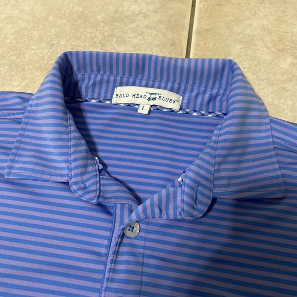 $95 Bald Head Blues Mens Large Stretch Golf Blue Purple Stripe Short Sleeve Polo - Picture 5 of 6